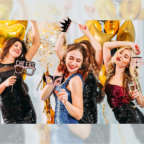 36 Pieces Rose Gold Birthday Photo Booth Props, Large Rose Gold Birthday Party Photobooth Props with Glitter for Girl Woman Birthday Parties Supplies
