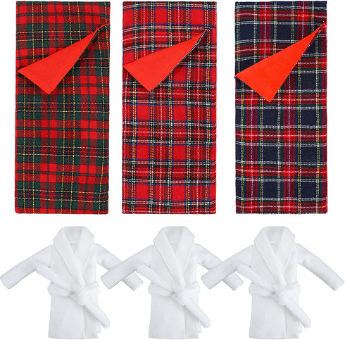 3 Pieces Christmas Sleeping Bags Accessory Elf Doll Sleeping Bag and 3 Pieces White Bathrobes for Elf Doll Red Green Plaid Sleeping Bag for Elf Doll Decorations, 3 Styles (Doll is not Included)