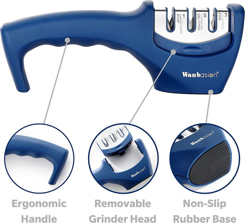 Wanbasion Blue Kitchen Knife Sharpener Professional 3 Stages, Kitchen Knife Sharpener Manual Sharpening, Knife Sharpener for Kitchen Knives with Stainless Steel Ceramic Diamond Blade