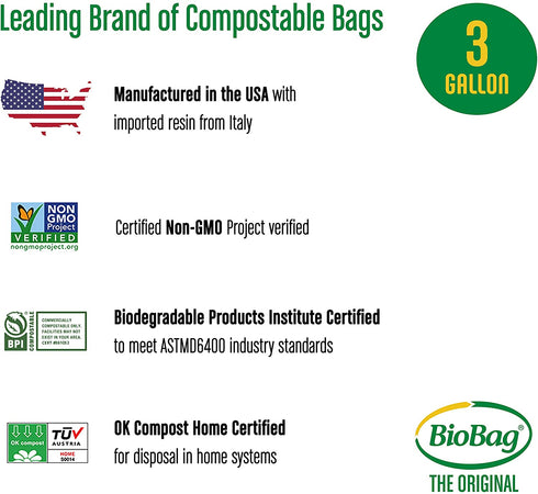 BioBag (USA), The Original Compostable Bag, 3 Gallon, 100 Total Count, 100% Certified Compostable Kitchen Food Scrap Bags, Kitchen Compost Bin Compatible