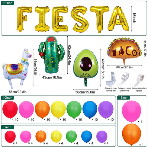 Winrayk 113PCS Fiesta Balloon Garland Arch Kit Mexican Themed Fiesta Party Decorations with Fiesta Golden Letters Avocado Cactus Taco Alpaca Cinco De Mayo Party Decorations for Kids Adults