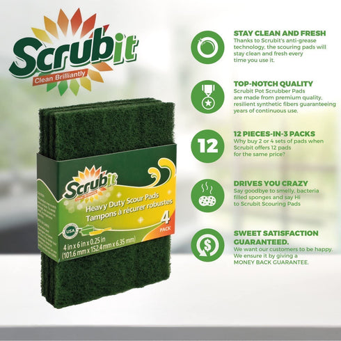 Scrub-It Scouring Pads - Heavy Duty Household Cleaning Scrubber with Non-Scratch Anti-Grease Technology - Reusable €“ Green - 4 Pack (X3) Total 12 Pads (12)
