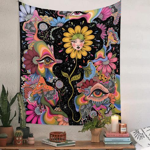 Large Mushroom Hippie Tapestry For Teen Bedroom Wall Hanging Aesthetic Tapestry Star Sparkler Room Décor (50''* 60''(130*150cm), Sunflower Girl)