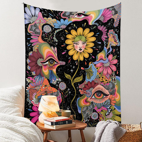 Large Mushroom Hippie Tapestry For Teen Bedroom Wall Hanging Aesthetic Tapestry Star Sparkler Room Décor (50''* 60''(130*150cm), Sunflower Girl)