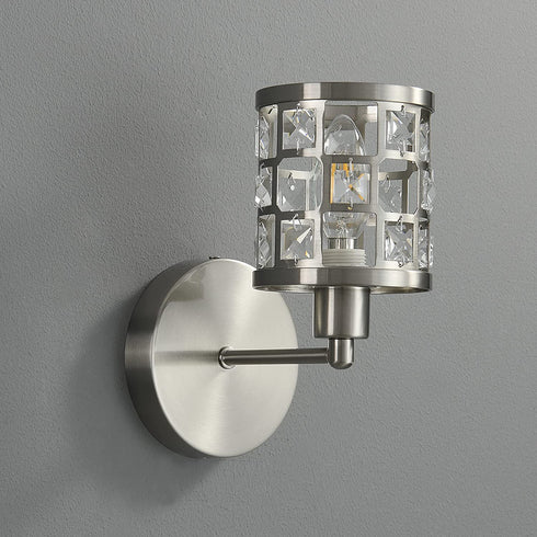 1 Light Modern Vanity Light, Bathroom Vanity Light Brushed Nickel Wall Light Fixtures with Cylinder Crystal Shade