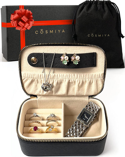 Travel Jewelry Case | Small Jewelry Travel Organizer | Cute Travel Jewelry Box | Travel Ring Case with Storage for Earrings, Necklaces, Watch - Practical Travel Gift by COSMIYA - Black