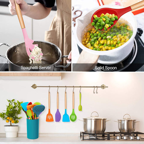 LIANYU 15-Piece Kitchen Silicone Cooking Utensils Set with Holder, Wooden Handle Kitchen Tools Include Spatula Tong Slotted Spoon Turner Whisk Brush, Colorful
