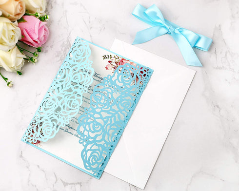 PONATIA 25PCS/Lot 250GSM 5.12 x 7.1'' Laser Cut Hollow Rose with Blue Ribbons Wedding Invitations Cards for Wedding Bridal Shower Engagement Birthday Graduation Invite (Blue)