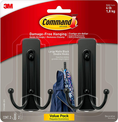 Command Large Wall Hooks, 2 Pack, Matte Black, Organize Damage-Free