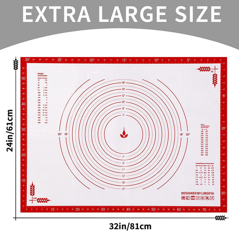 Massive Silicone Pastry Mat, Extra Large 32 x 24 Inches with Dimensions & Non-slip Texture, Non-Slip Design, Dark Red Pattern