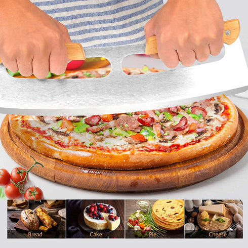 14" Pizza Cutter Rocker with Wooden Handles, Sharp Stainless Steel Pizza Slicer Knife Blade with Protective Cover, Upgrade Accessories Chopper for Pie Pizza Making Kit by Lascritta (14 inches)