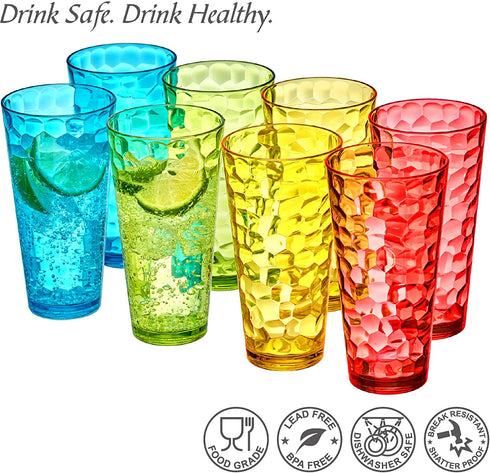 Amazing Abby - Iceberg - 24-Ounce Plastic Tumblers (Set of 8), Plastic Drinking Glasses, Mixed-Color High-Balls, Reusable Plastic Cups, Stackable, BPA-Free, Shatter-Proof, Dishwasher-Safe