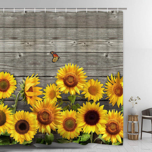 Likiyol Sunflower Shower Curtains, Wooden Board Sunflowers Shower Curtain with 12 Hooks for Bathroom Waterproof Durable Shower Curtains (Brown Yellow, 70 x 69 inches)