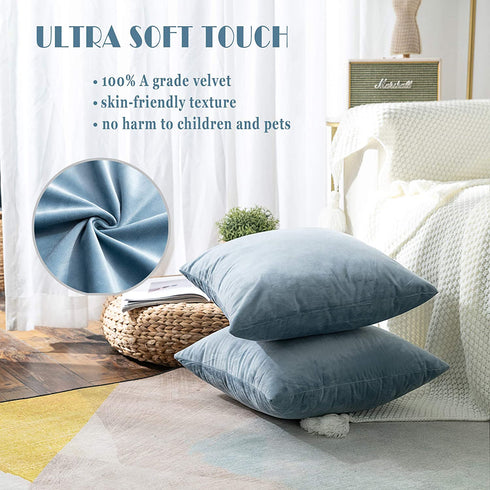 Stellhome Super Soft Decorative Velvet Cushion Covers Square Throw Pillow Covers for Bed Couch Sofa Bench, 20 x 20 inch (50 cm), Silver Blue, Pack of 2 Square Solid Throw Pillow Case