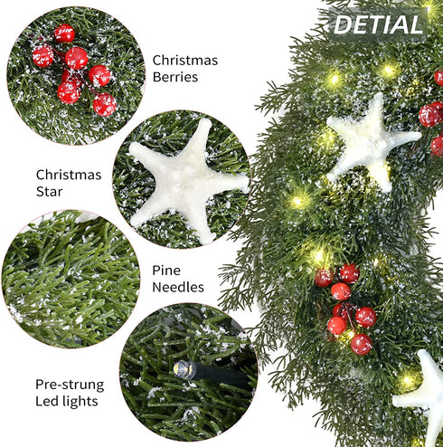 ANGELEMM Pre-lit Christmas Wreaths for Front Door ,Build in Hook, Battery Operated Christmas Wreath Decorative Hanging Ornament, Artificial Door Wreath Clear LED Lights(16 Inch)