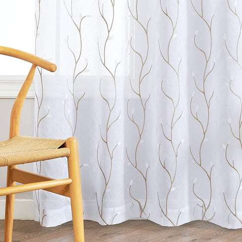 Lazzzy Sheer Curtains for Bedroom 84 Inch Length Floral Embroidered White Sheers for Living Room Embroidery Voile Grommet Window Curtain Panels Set 2 Pcs