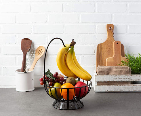 DII Metal Kitchen Storage Collection Farmhouse Stand Fruit Basket with Banana Hook, Vintage Black