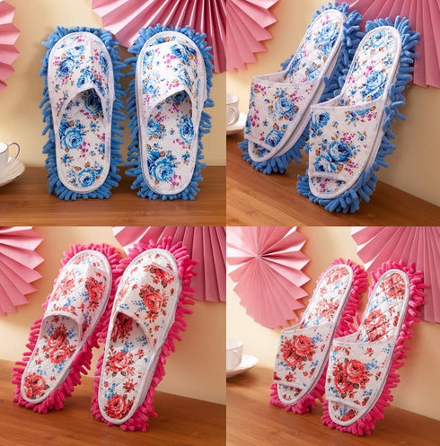 2 Pairs Microfiber Slipper Cleaning Mop Slippers Washable Detachable House Shoe Cover Dust Floor Cleaner for Bathroom Office Kitchen, Blue + Rose Red