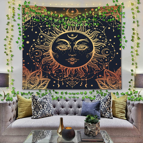 Sun and Moon Tapestry + 6 Fake Ivy Vines + 32.8ft LED String Lights, Wall Hanging Tapestry Psychedelic Aesthetic Home Decor for Bedroom Living Room Home Dorm Christmas Wall Decor, Black Gold