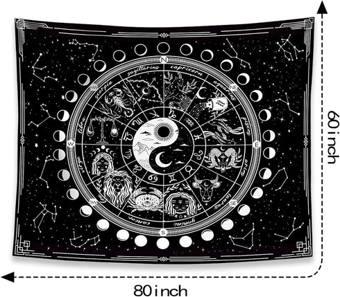 Kanuyee Twelve Constellation Tapestry,Black and White ?Sun and Moon ?Yin and Yang Tapestry Mystic Wall Hanging Tapestry for Home Decor (60"x80")