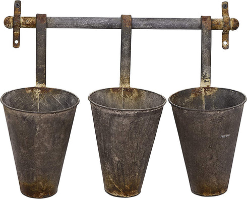 Creative Co-Op Antiqued Metal Wall Rack with 3 Hanging Tin Pots