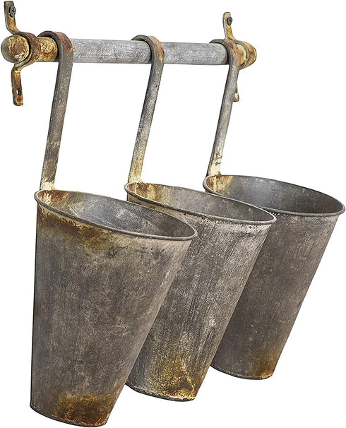 Creative Co-Op Antiqued Metal Wall Rack with 3 Hanging Tin Pots