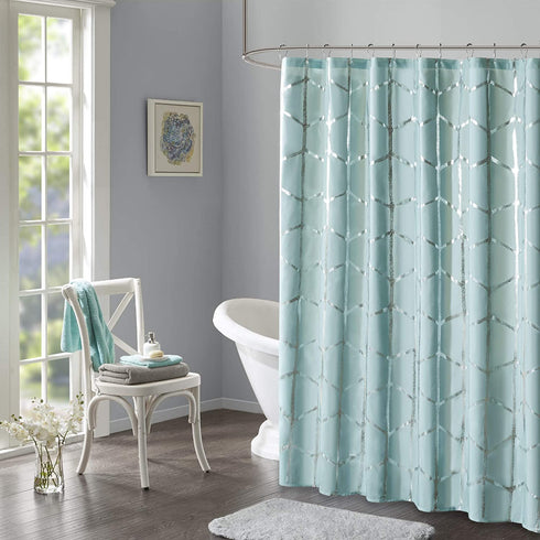 Intelligent Design Raina Shower Curtain Printed Geometric Metallic Machine Washable Modern Home Bathroom Decorations, 72 in x 72 in, Aqua