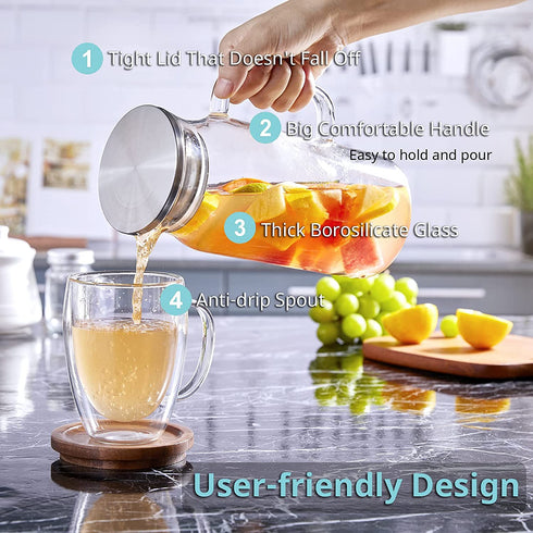 Glass Pitcher with Lid and Spout, 40 oz Glass Water Pitcher for Fridge, Glass Carafe for Iced Tea, Hot/Cold Water, Coffee, Juice, Lemonade, Small Glass Pitcher, Ideal Gift for Thanksgiving Christmas