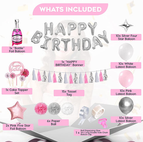Pink Birthday Decorations - Pink Party Decorations with Happy Birthday banner, Tissue Paper Pom, Tassel Ribbon, Champagne Balloon, Birthday Party Decorations for Girls Women
