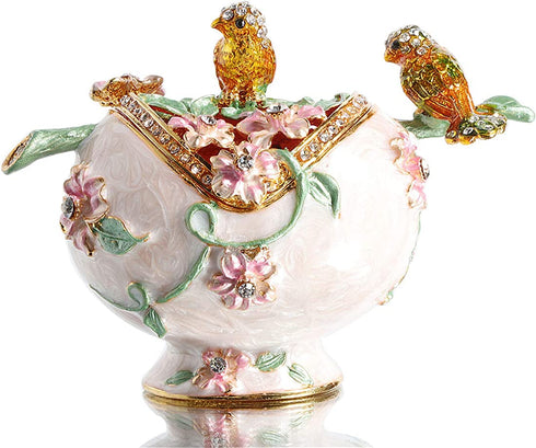Waltz&F Metal Double Bird and Flower Trinket Box Jeweled Hand-Painted Ring Holder Animal Collectible Figurine Decoration