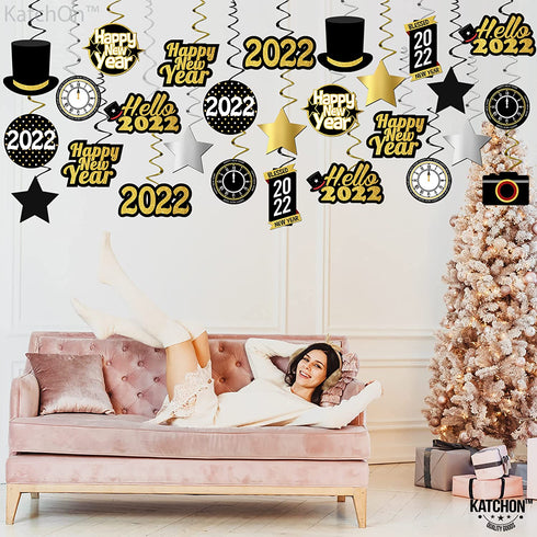Happy New Years Swirl Decorations 2022 Pack of 40, Gold Glitter | Happy New Year Decorations 2022 | New Years Eve Party Supplies 2022 | NYE Decorations 2022 | Happy New Years Eve Decorations 2022
