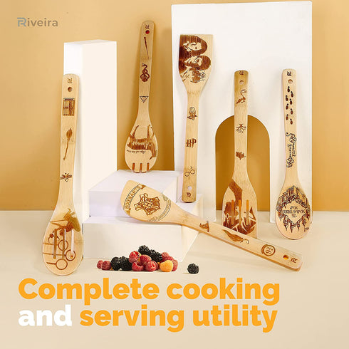 Riveira Organic Wooden Spoons for Cooking Utensils Set 6-Piece Magic Wizard Harr Potter Kitchen Utensils Gift Spatulas for Nonstick Cookware Gifts for Cooking Lovers