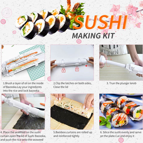 MOLAD 18 Pcs Sushi Making Kit For Beginners, Bamboo Sushi Mat, All In One Sushi Bazooka Maker with Bamboo Mats, Bamboo Chopsticks, Paddle, Sushi Knife, Chopsticks Holder, DIY Sushi Roller Machine