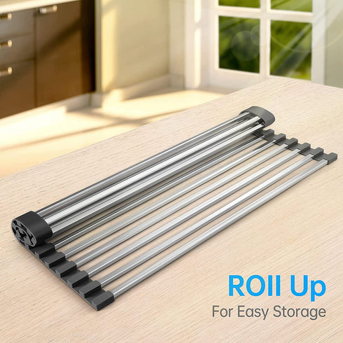AOUAO Roll Up Dish Drying Rack,Multipurpose Square Stainless Steel Over The Sink Drainer Rack,Kitchen Portable Dish Rack ( Gray, 17.5" x 15")