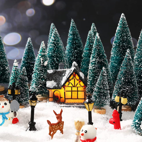 Marsui Christmas Pine Trees Artificial Snow Frost Trees Green Bottle Brush Trees with Christmas Miniature Village House, Mini Street Light, Deer Toys Figure for Christmas Decoration, Set of 30