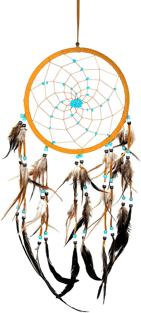 Dream Catcher Dreamcatcher - Brown Suede with Turquoise Details - Handmade, Large Size - 28" Long x 9" Diameter - OMA Brand