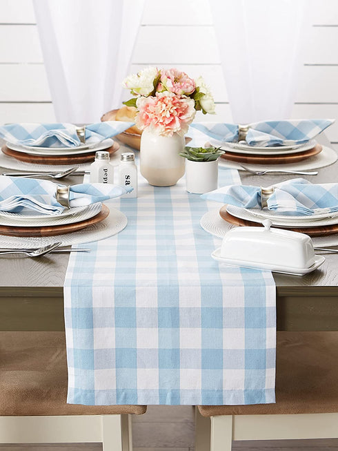 DII Buffalo Check Collection, Classic Farmhouse Table Runner, 14x108, Light Blue & White