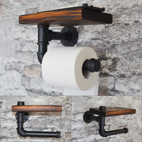 DSDST Toilet Paper Holder with Shelf Rustic Wooden Shelf and Black Iron Pipe Hardware Paper Towel Holder Wall Mount for Bathroom Washroom
