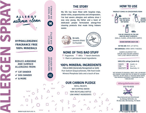 Allergy Asthma Clean Allergen Spray Mineral concentrate in a bottle. -JUST ADD WATER- 33.8oz (1 Bottle)