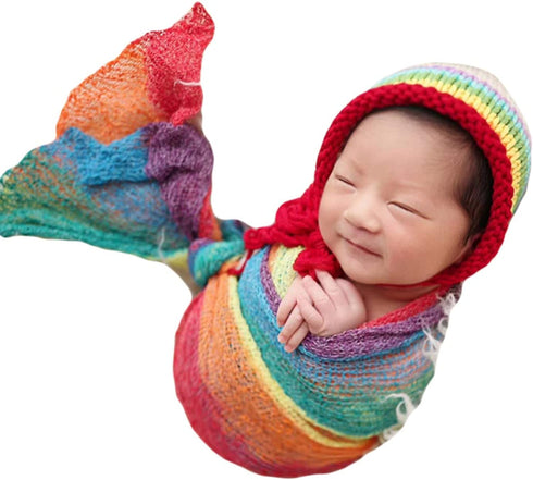 Newborn Photo Shoot Props Baby Photography Blanket Infant Photos Outfits Flexible Rainbow Wrap Hat