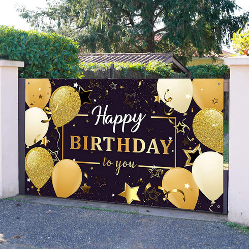 Happy Birthday Party Decorations, Extra Large Fabric Black and Gold Happy Birthday to You Sign Backdrop Banner Photo Booth Background for Indoor Outdoor Birthday Party Favor, 70.8 x 43.3 Inch