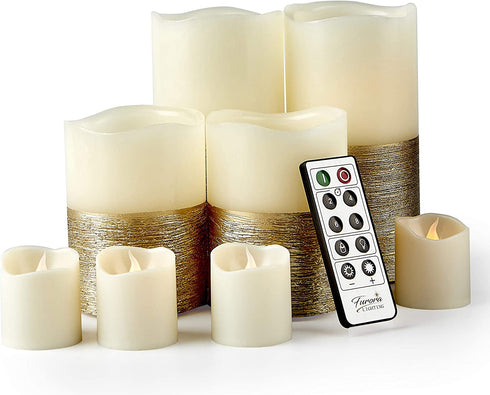 Furora LIGHTING LED Flameless Candles with Remote Control, Set of 8, Real Wax Battery Operated Pillars and Votives LED Candles with Flickering Flame and Timer Featured - Gold Trim