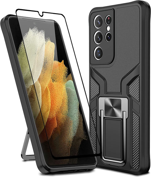 Asuwish Compatible with Samsung Galaxy S21 Ultra Glaxay S21ultra 5G Case and Tempered Glass Screen Protector Cover Stand Ring Holder Kickstand Cell Phone Cases for Gaxaly 21S S 21 21ultra G5 Black