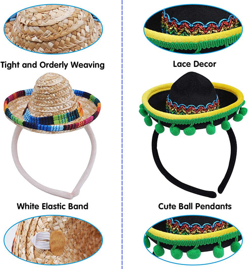 6 PCS Cinco De Mayo Fiesta Fabric and Straw Sombrero Headbands Party Costume for Fun Fiesta Hat Party Supplies, Luau Event Photo Props, Mexican Theme Decorations, Dia De Muertos and Party Favors