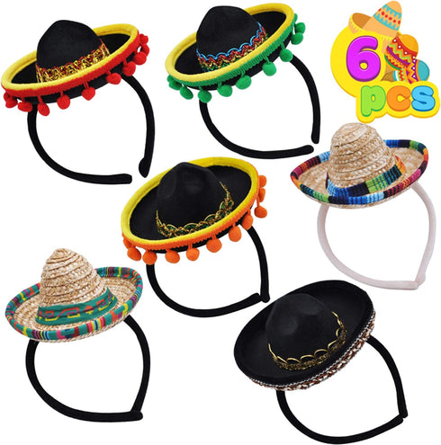 6 PCS Cinco De Mayo Fiesta Fabric and Straw Sombrero Headbands Party Costume for Fun Fiesta Hat Party Supplies, Luau Event Photo Props, Mexican Theme Decorations, Dia De Muertos and Party Favors