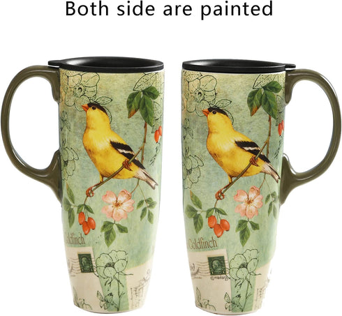 CEDAR HOME Coffee Ceramic Mug Porcelain Latte Tea Cup With Lid in Gift Box 17oz. Yellow Song Bird