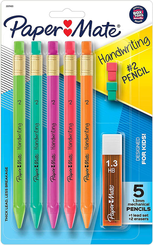 Paper Mate Handwriting Triangular Mechanical Pencil Set with Lead & Eraser Refills, 1.3mm, Fun Barrel Colors, 8 Count