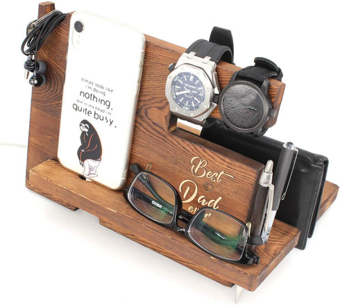 Best Dad Ever - Dad Father Gift from Son or Daughter, Fathers Day Dift, Nightstand Organizer with Coaster, Wooden Desk Docking Station