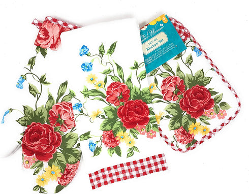 The Pioneer Woman Sweet Rose Kitchen Towel, Oven Mitt, and Pot Holder Set