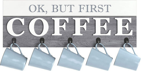 Barnyard Designs ˜Ok, But First Coffee™ Hanging Mug Holder, Wall Mounted Coffee Cup Organizer Rack, Rustic Farmhouse Wood Wall Decor Sign, for Kitchen, Coffee Bar or Cafe, Gray and White, 24? x 8.5?